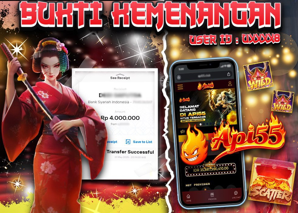 Bukti kemenangan slot Api55 senilai Rp4 juta oleh member dengan ID UXXXX8