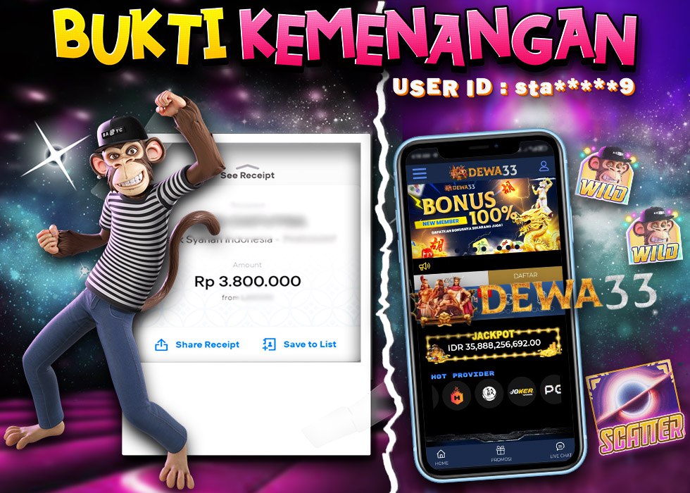 Bukti kemenangan Rp3.800.000 dari game slot Wild Scatter oleh user Dewa33 ID: sta9