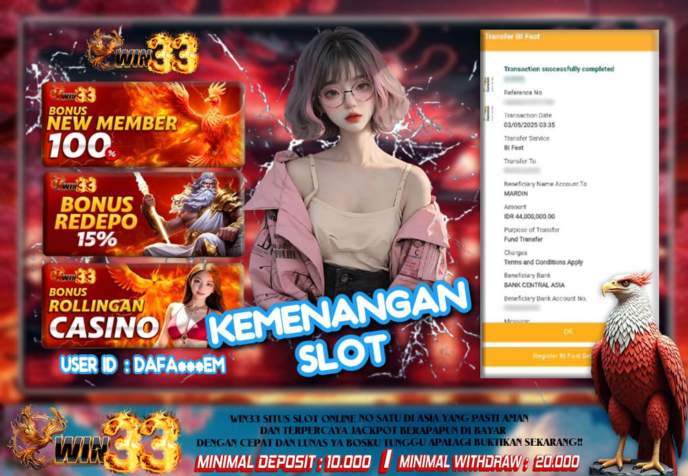 Bukti kemenangan Rp44 juta dari slot di WIN33 oleh member DAFA***EM